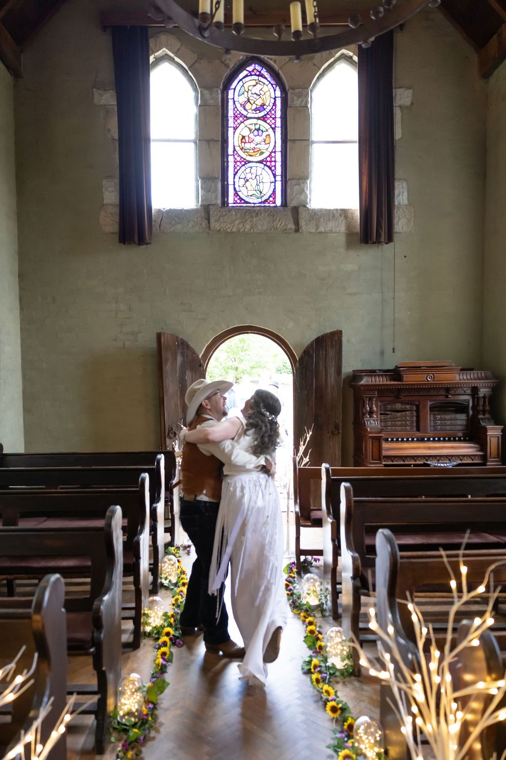 A series of side-by-side church interior shots with stained glass windows, wooden pews and decorative floral arrangements.