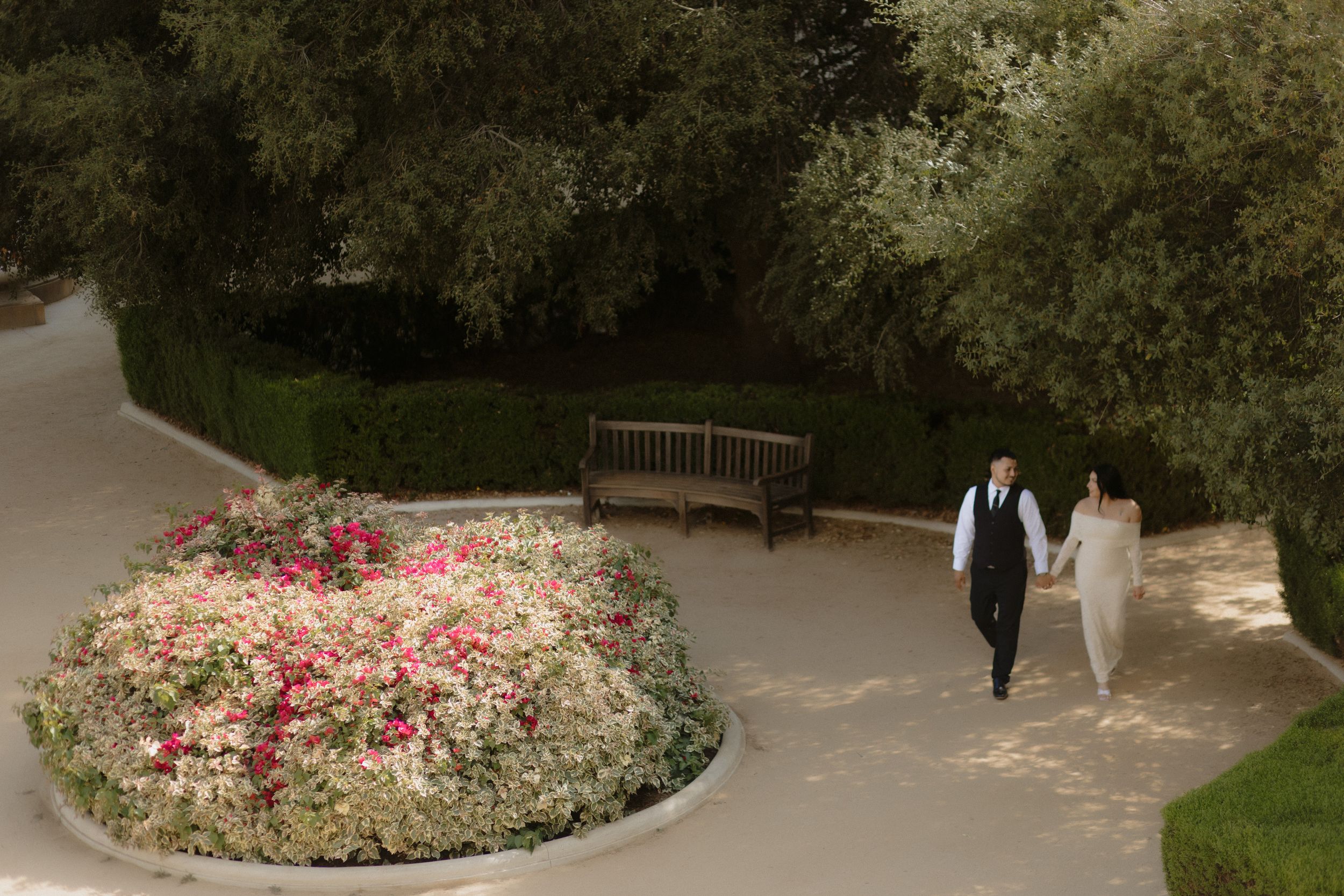 A scenic garden pathway with flowering bushes and a wooden bench surrounded by lush greenery and trees.