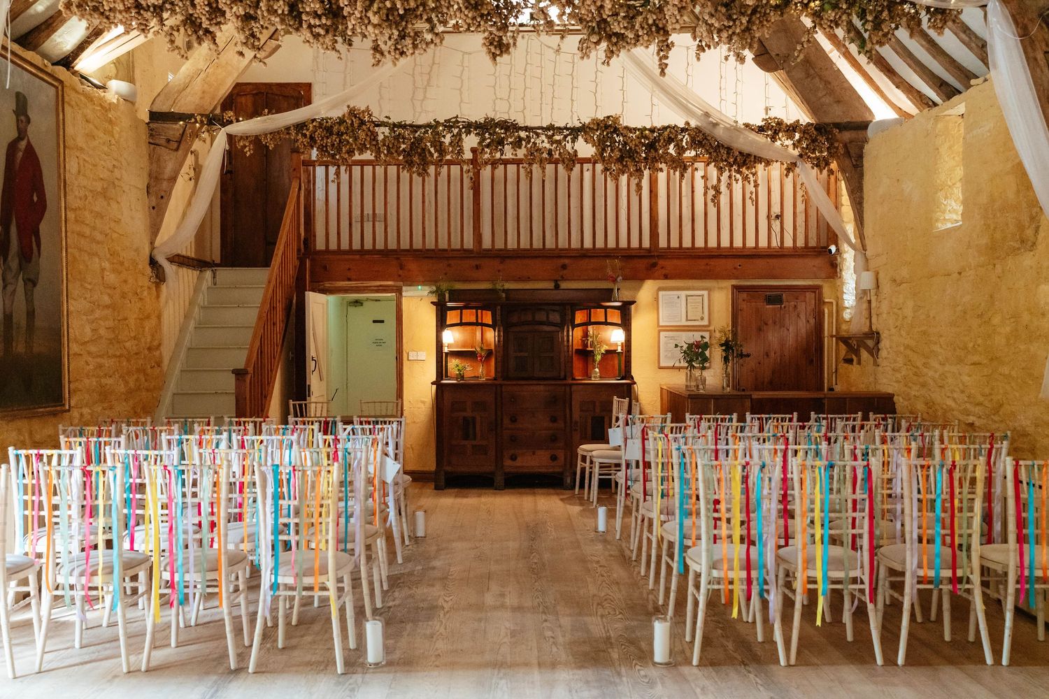 Owlpen Manor Weddings Photographer Zara Davis Photography Cotswolds Uley Cheltenham Gloucestershire ceremony room empty barn