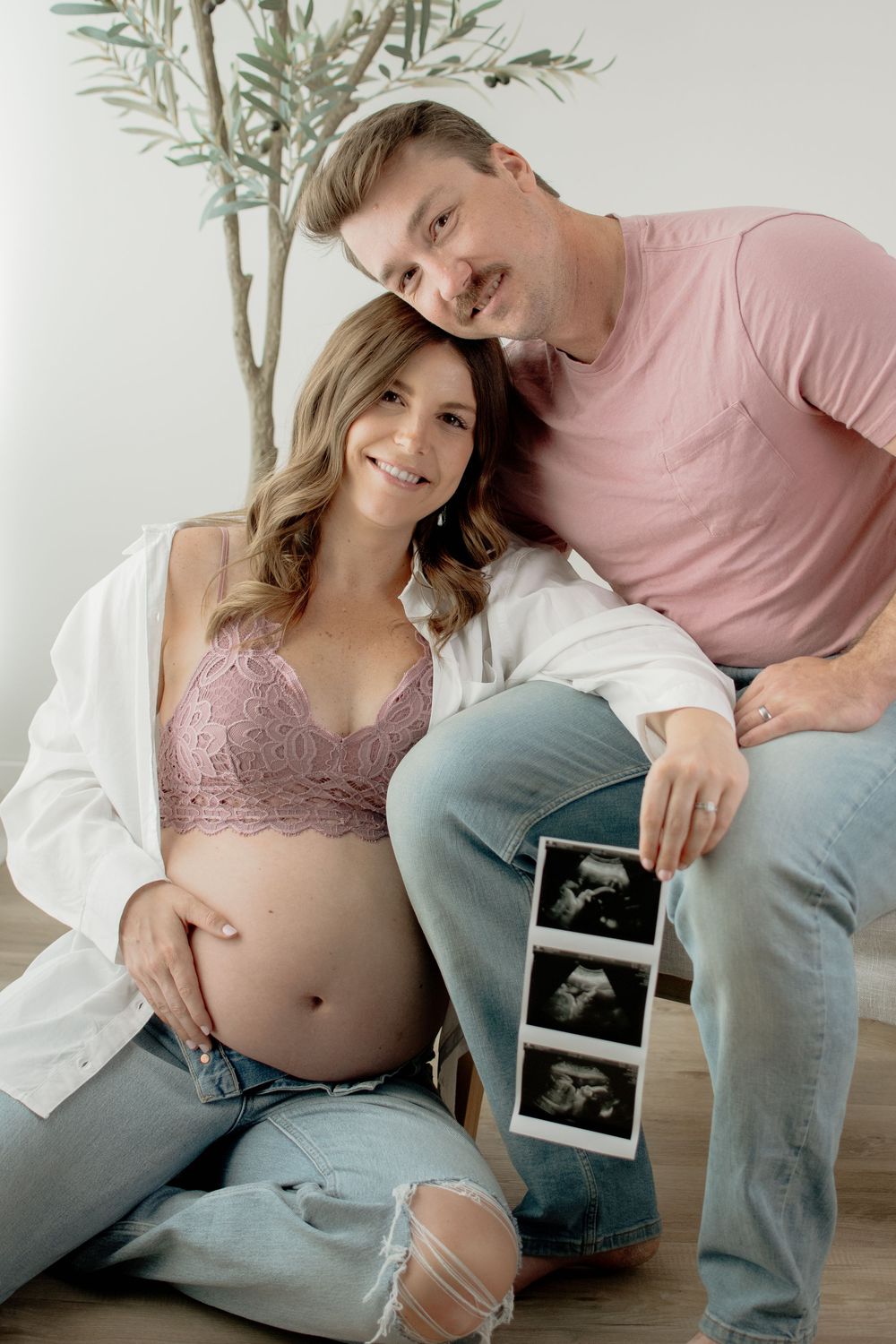 A series of pregnancy announcement photos showing an expectant couple with ultrasound photos in casual attire.