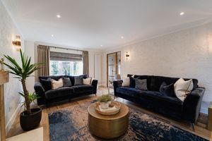 Modern living room with navy velvet sofas, round wood coffee table, and patterned area rug on hardwood floors.