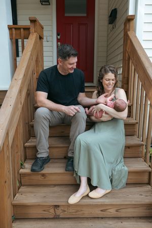 A sequence of photos shows two people sitting together on wooden porch steps in casual attire.