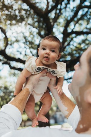 A baby in a light-colored outfit being lifted up against a backdrop of sunlit tree branches.