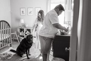 Black and white photo series showing different scenes of a dog and family in their home environment.
