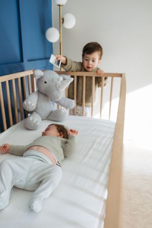 Two children in a wooden crib with a plush gray elephant toy in a modern nursery setting.