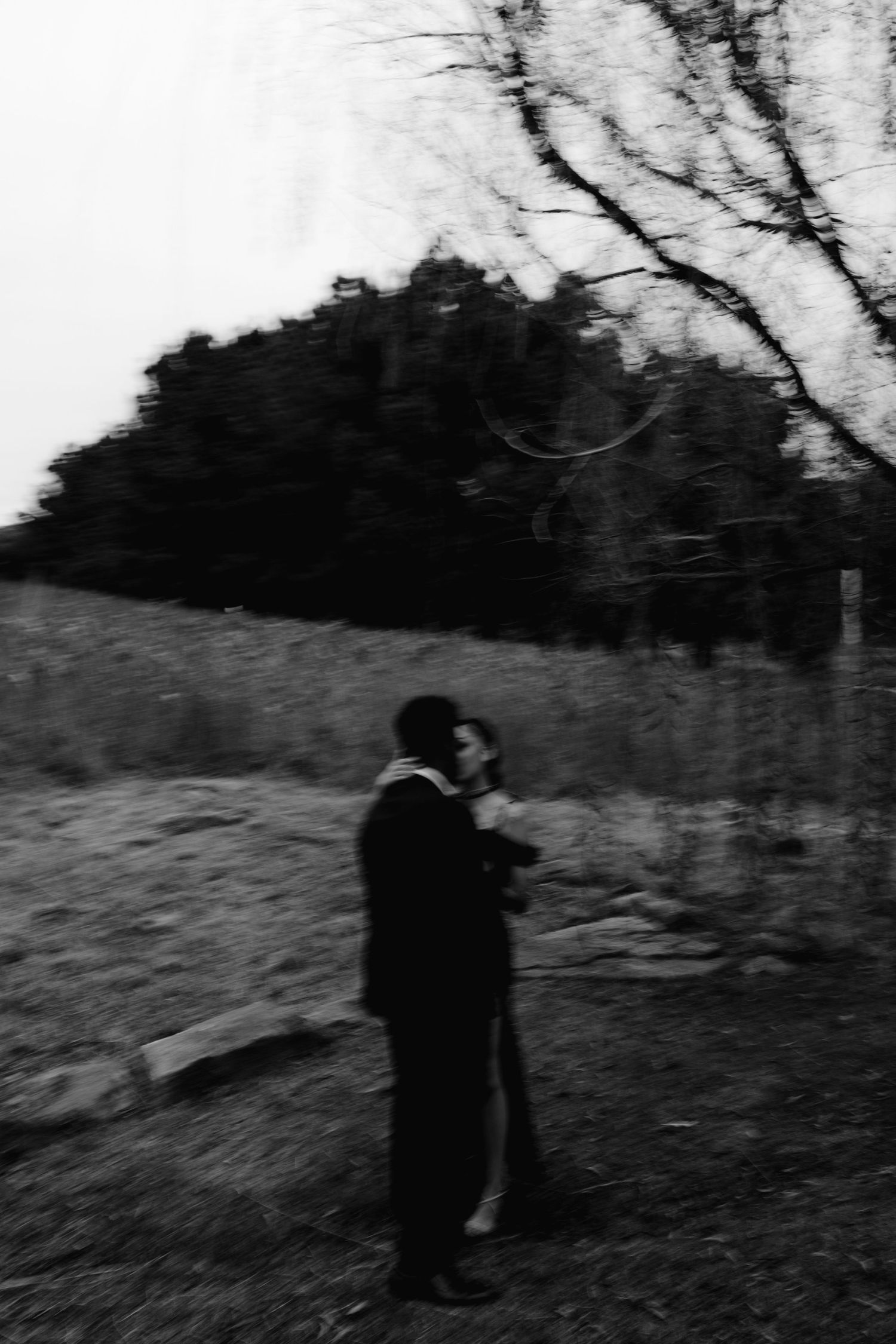 Black and white landscape photo of two people in formal wear under bare trees.