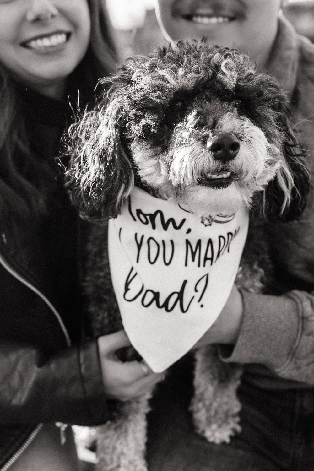 Black and white photo of couple holding dog wearing Mom Will You Marry Dad bandana.