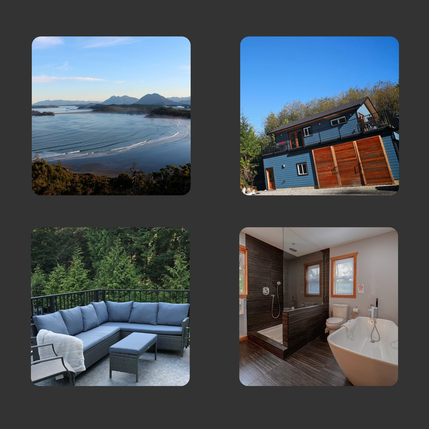 Grid of four images featuring coastal views, blue cabin, outdoor lounge, and modern bathroom.