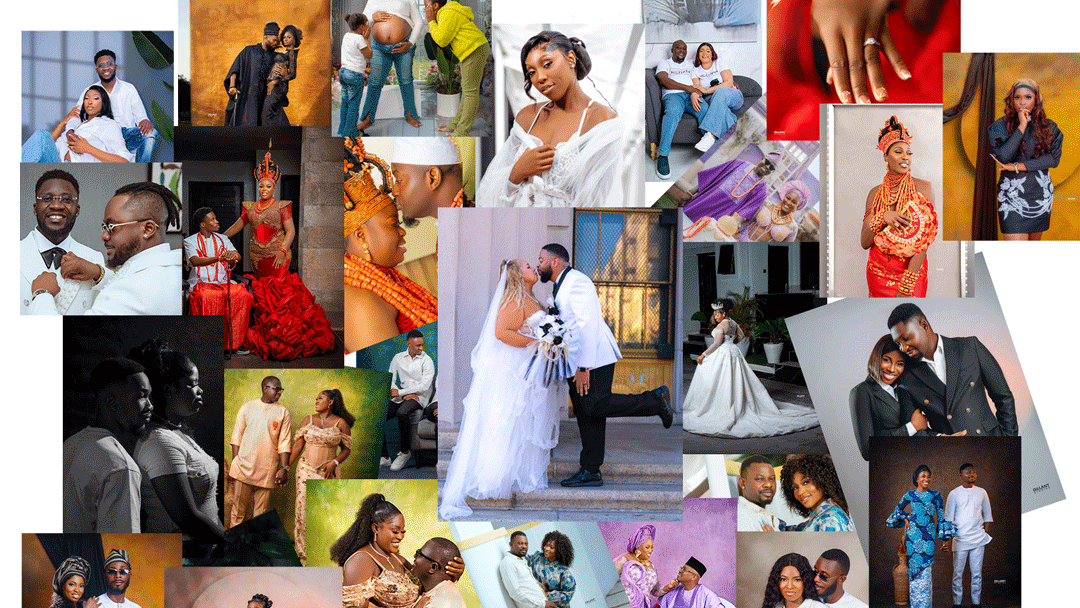 Romantic wedding photography collage featuring candid moments of couples on their special day.