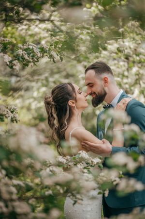Romantic spring wedding photo amidst blooming white cherry blossoms.