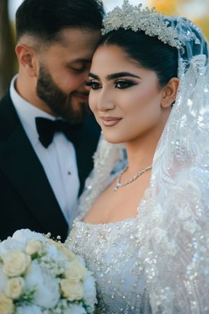 Intimate wedding portrait featuring ornate crystal crown and classic white bouquet.