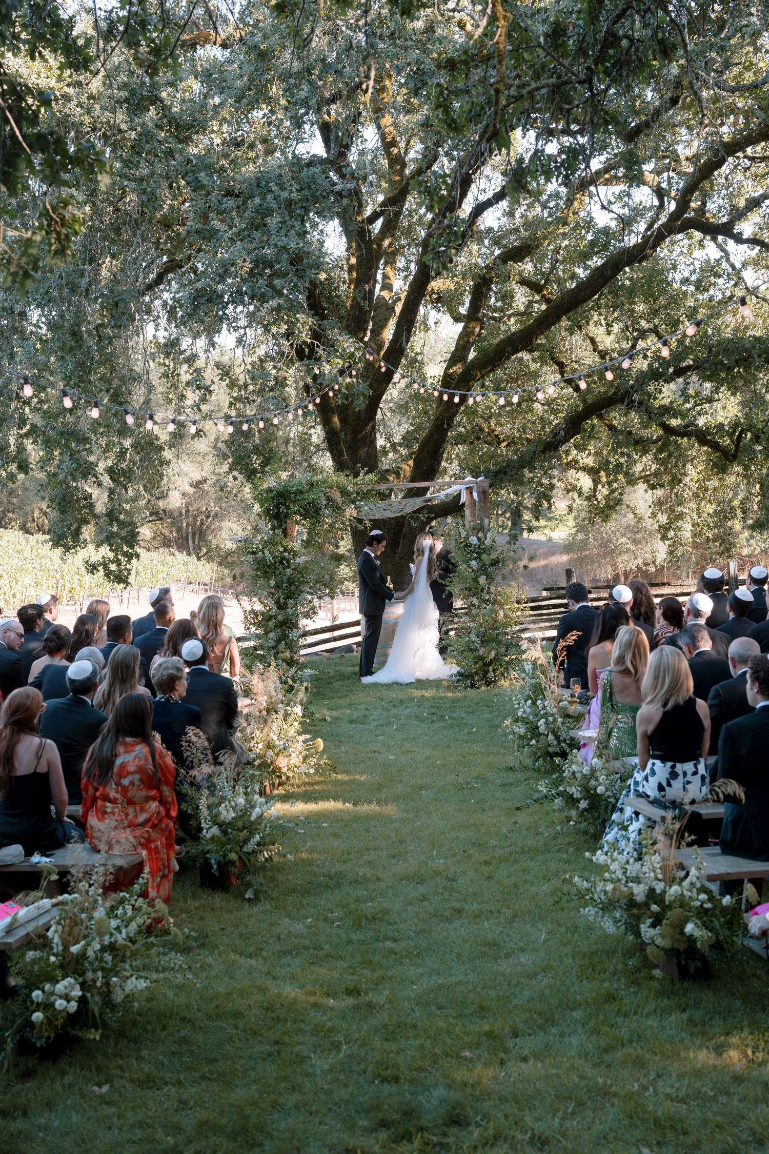 Outdoor wedding ceremony under majestic trees with white floral arrangements lining the aisle.