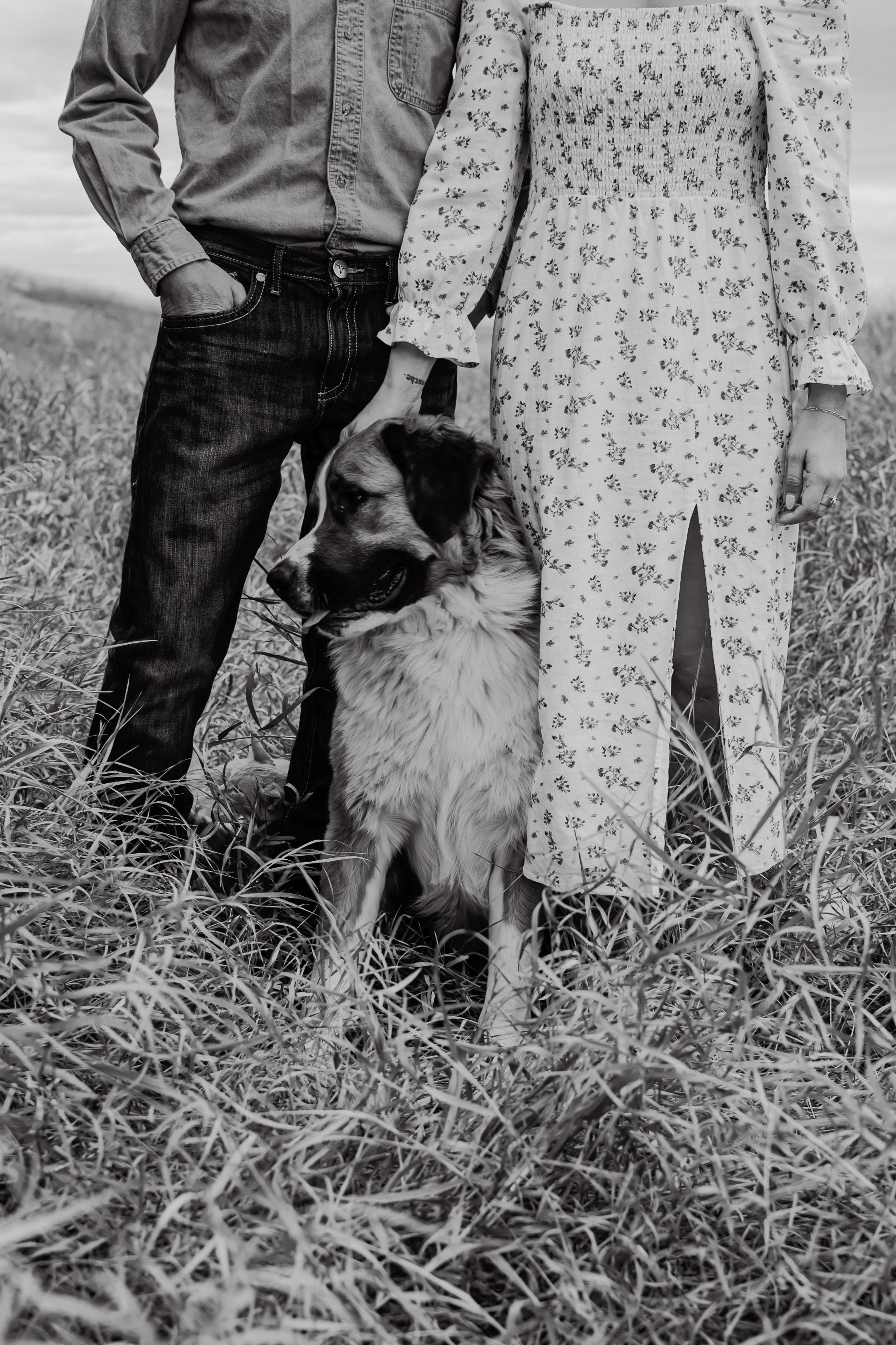 Black and white photograph showing people's legs and a dog standing against a floral patterned background.