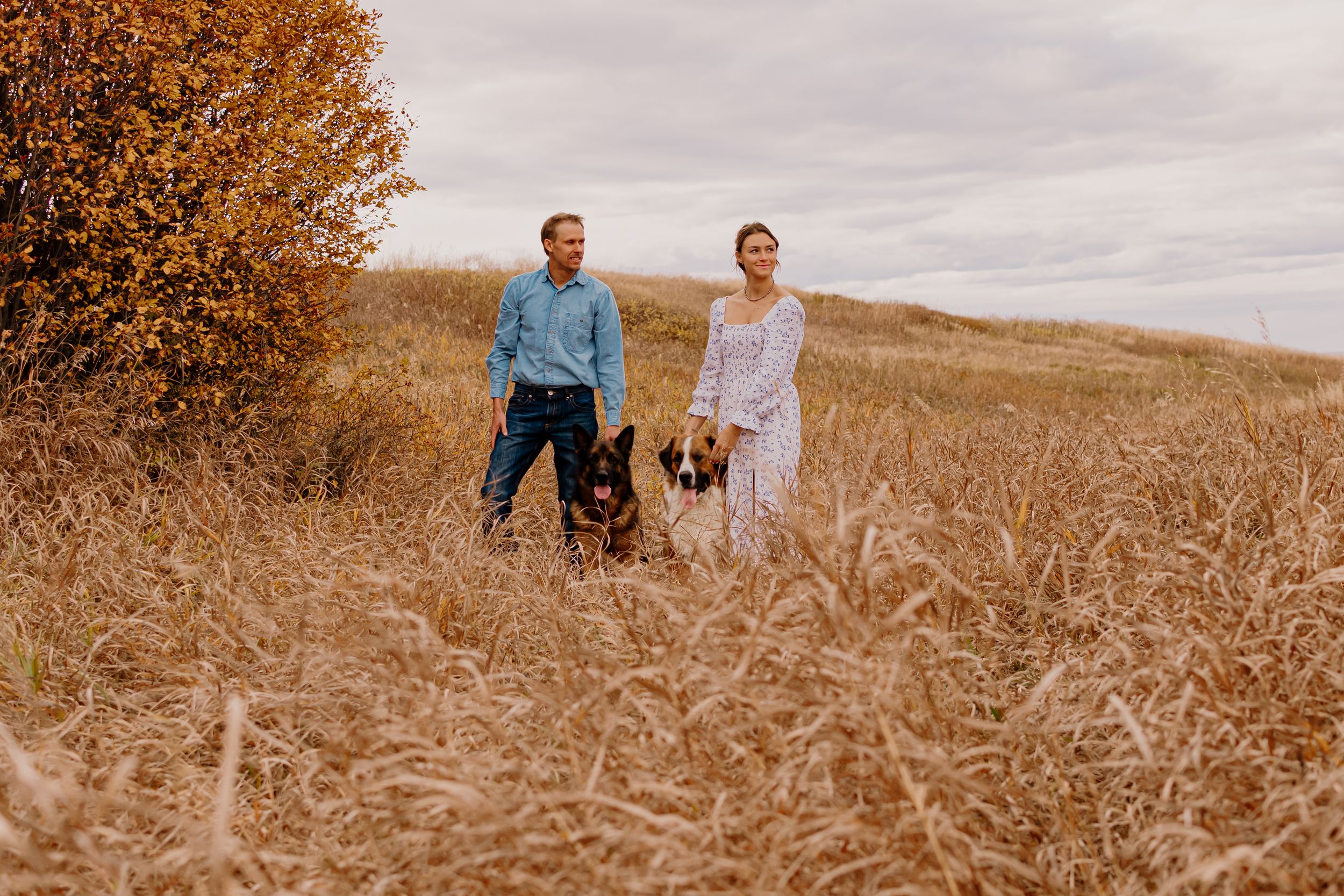 A couple shares a tender moment while standing together in a rustic autumn field.