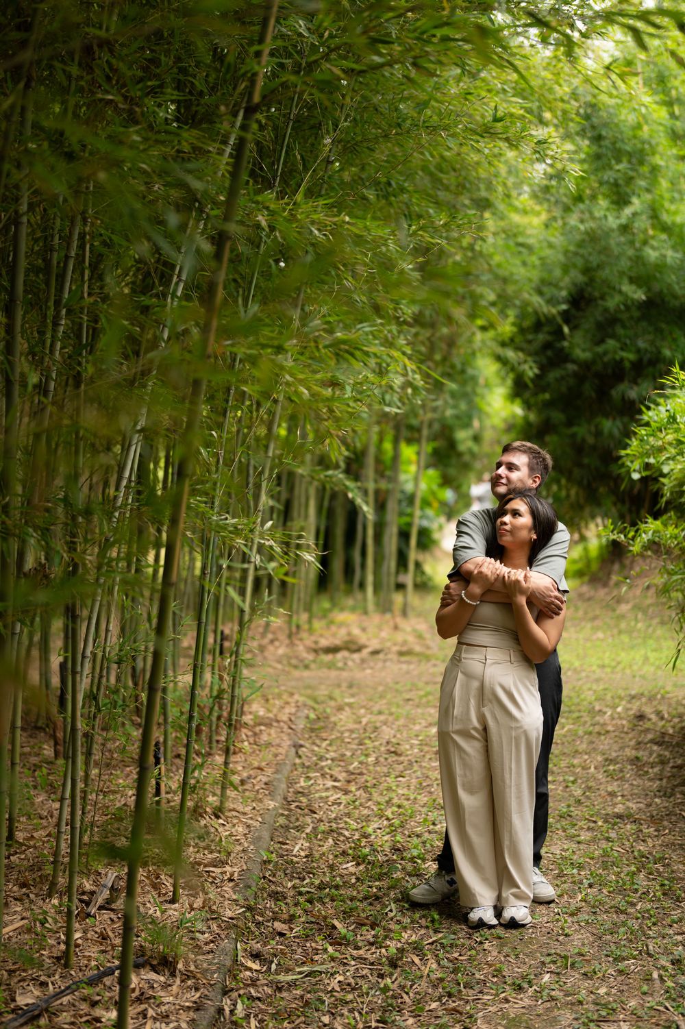 Couple embracing in a peaceful bamboo forest path, looking up at the tall green bamboo.