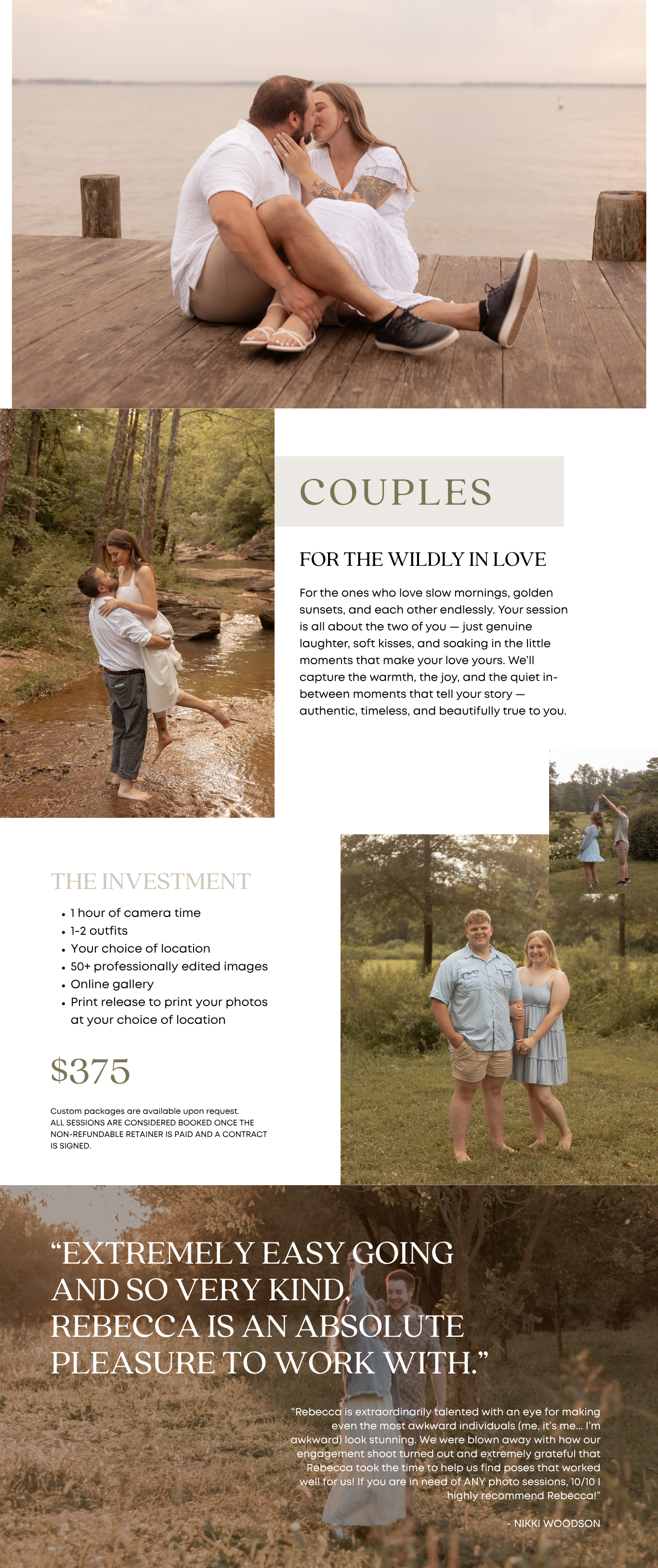 Wedding photography pricing guide page showing package details and pricing information.