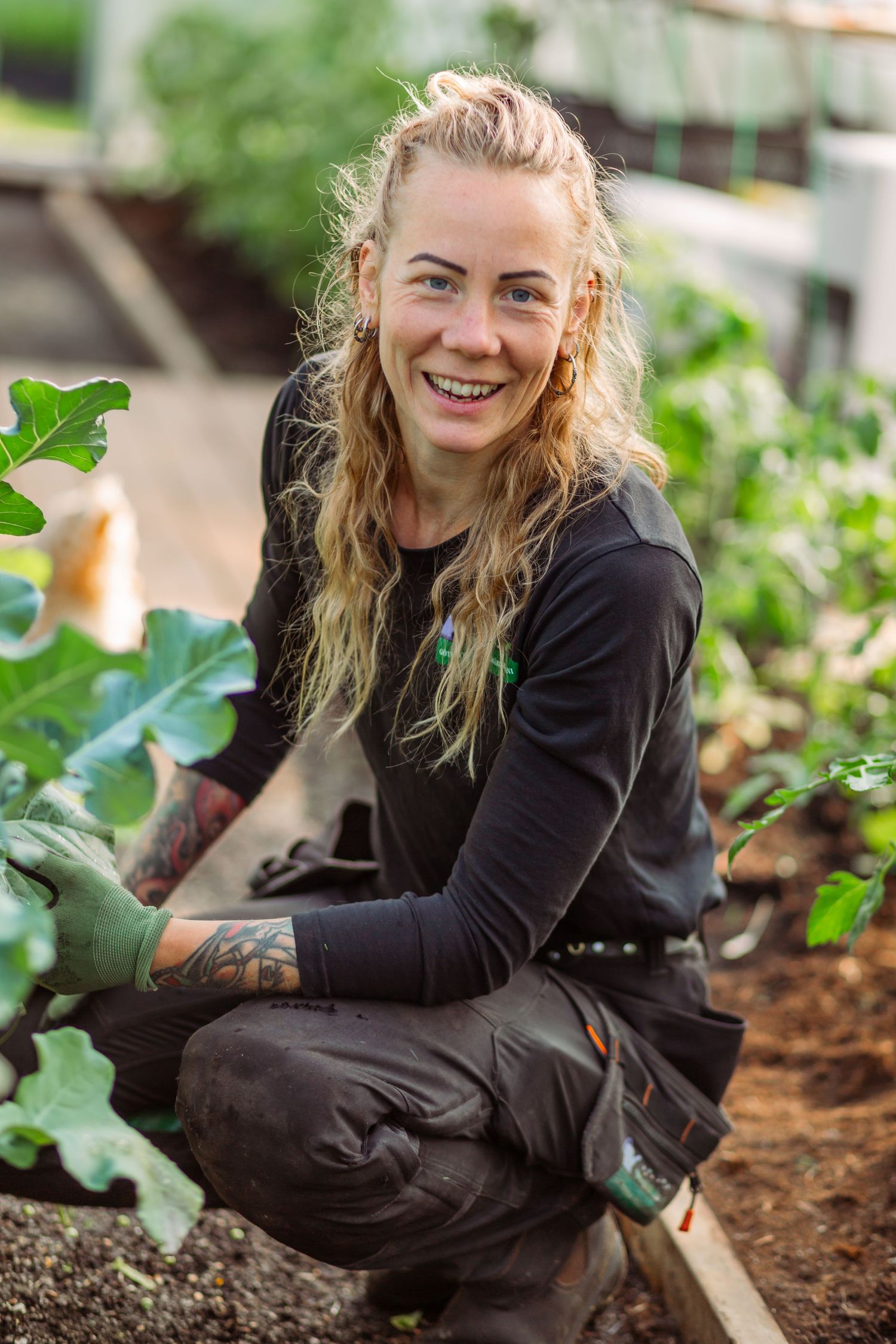 A gardener wearing black clothing and gloves kneels in soil while working in a lush garden setting.