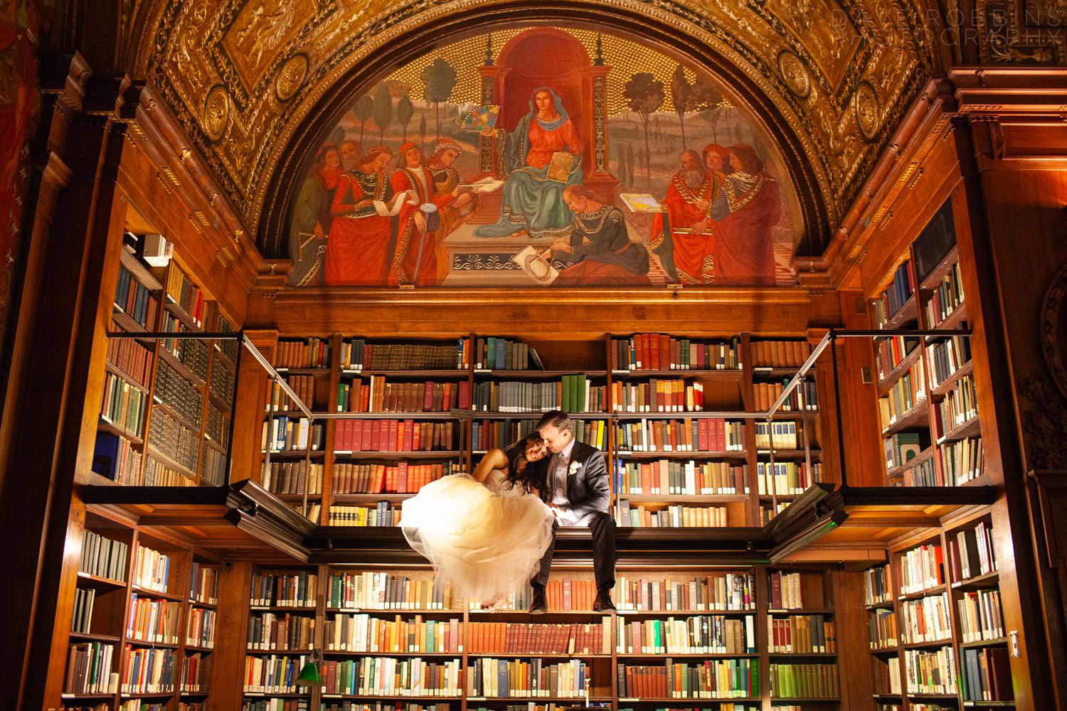 Panoramic view of an ornate library interior with wooden shelves, arched ceilings, and warm lighting creating a grand atmosphere.