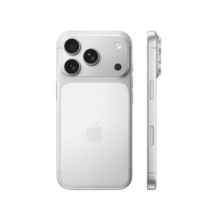 White iPhone 16 Pro showing rear triple camera system and side profile view on white background.