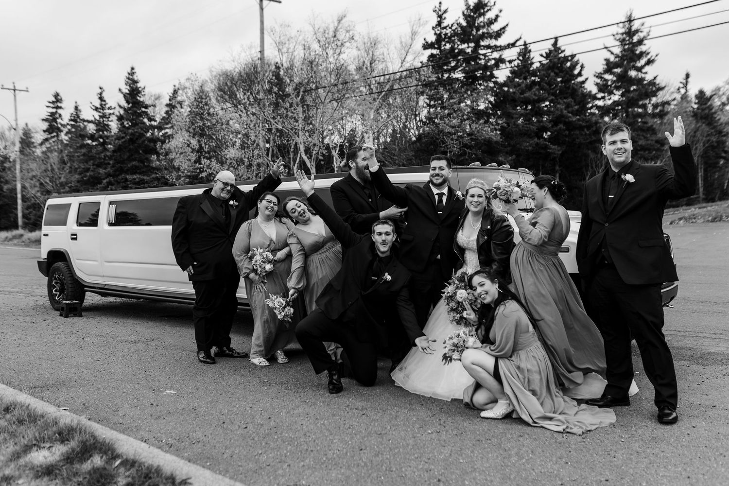 A wedding party poses playfully in front of a white stretch limousine on a suburban street.