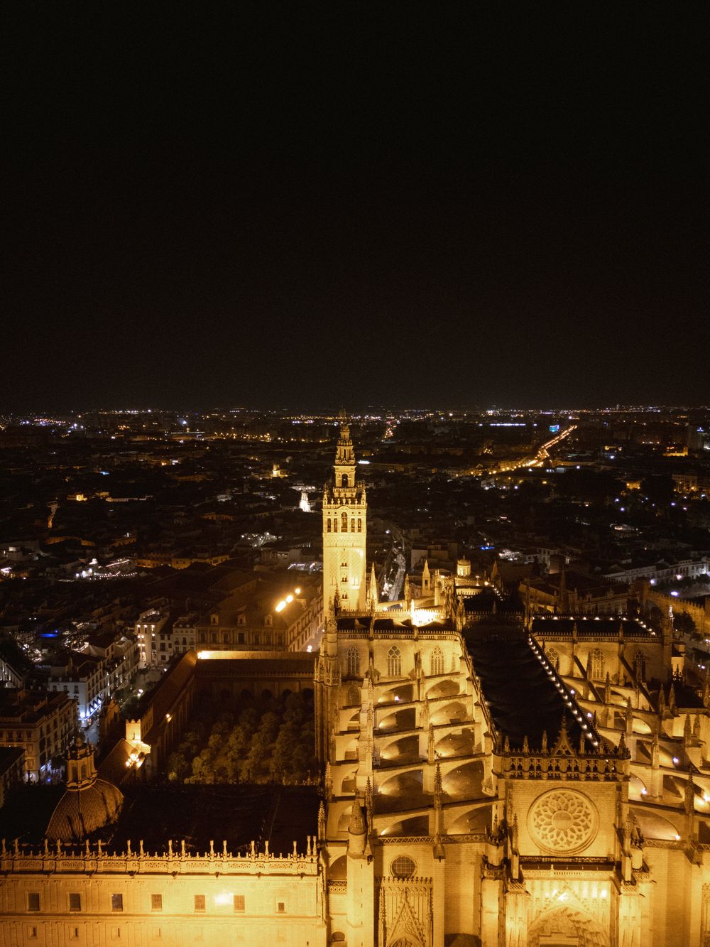 Illuminated Seville Cathedral and Giralda tower glowing against the dark night sky over the Spanish cityscape.
