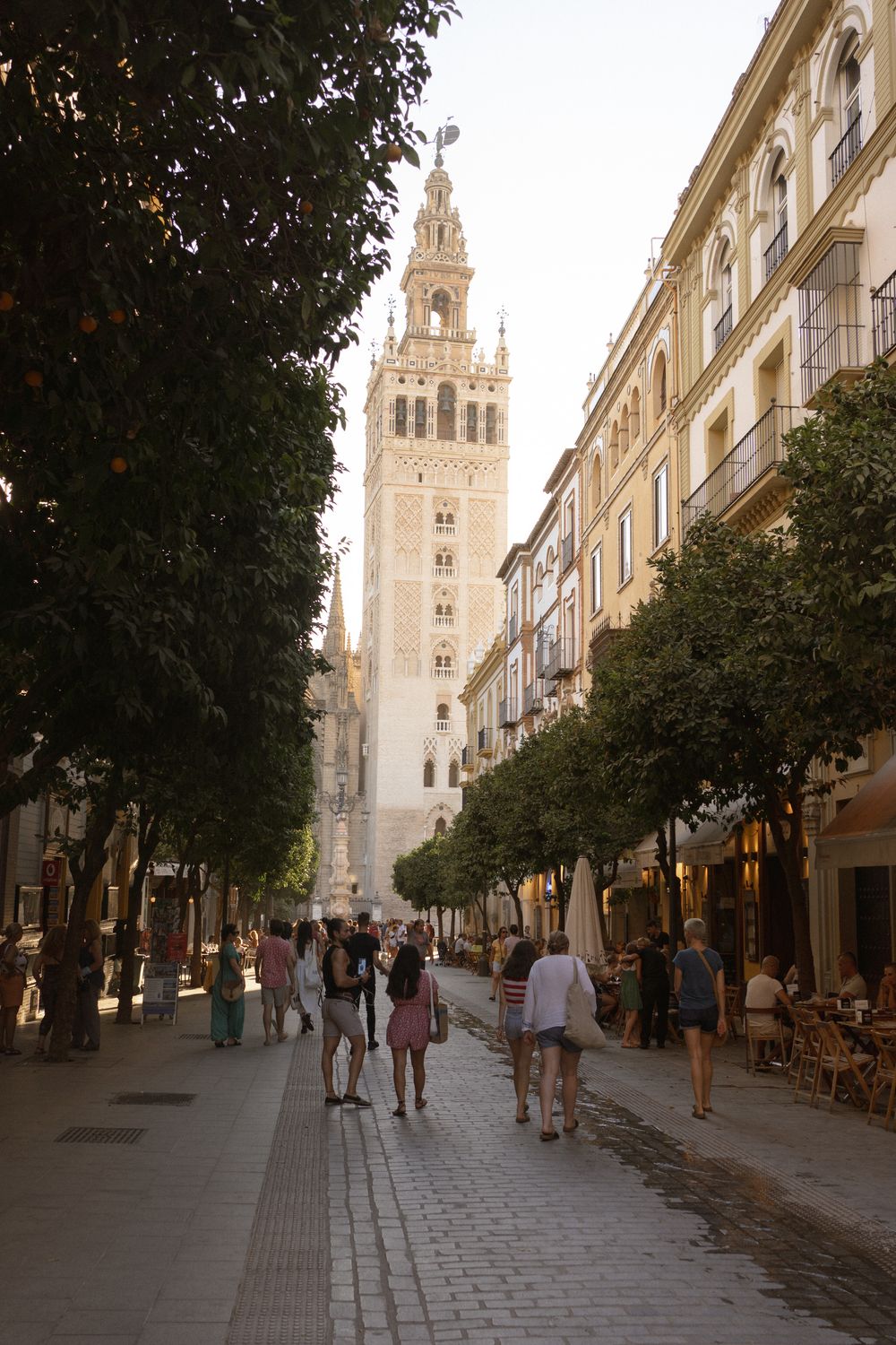 A panoramic view of a historic street in Seville leading to the Giralda tower with pedestrians walking along the path.