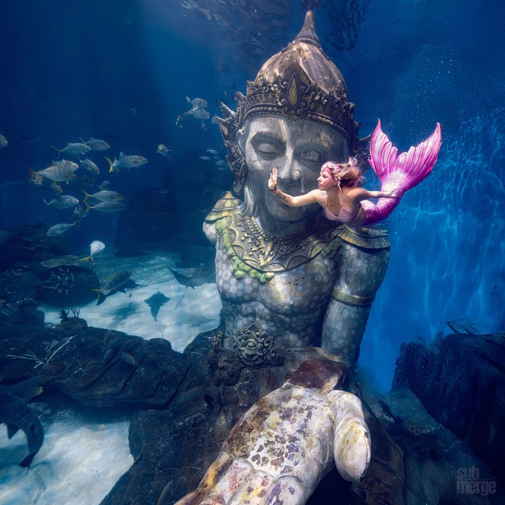 Ancient underwater statue head covered in coral and marine growth in deep blue ocean waters.
