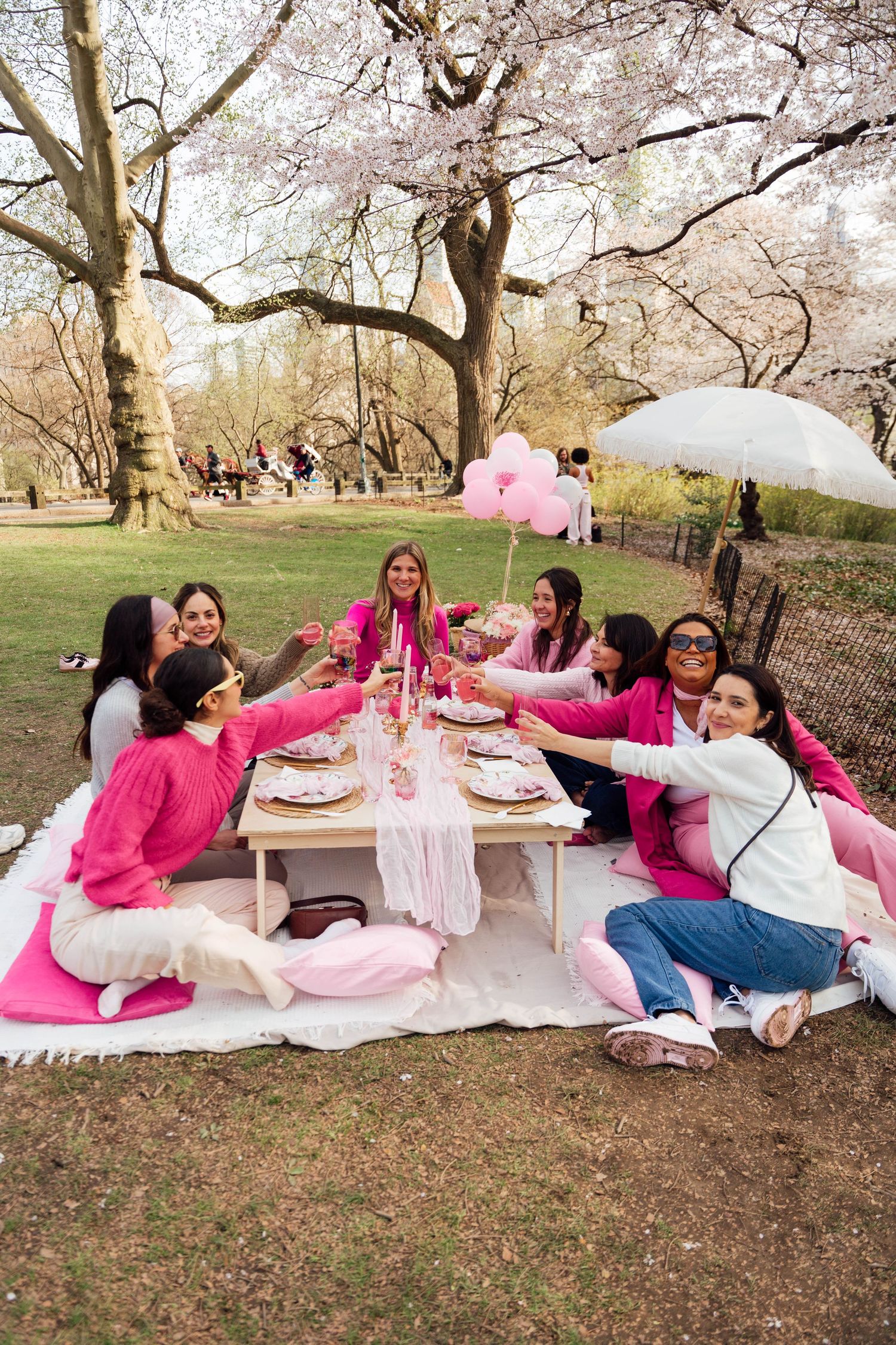 A group enjoys a springtime picnic under blooming cherry blossom trees on a white blanket.