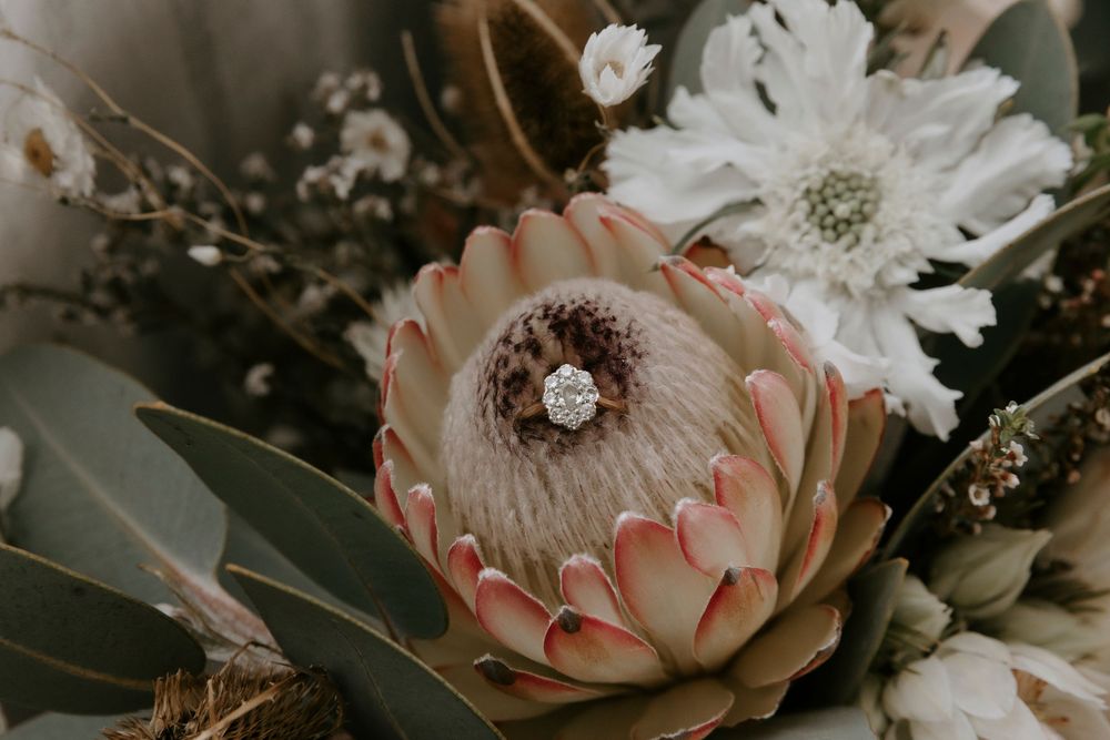 Delicate white and blush pink flowers arranged in a romantic wedding bouquet with soft natural lighting.