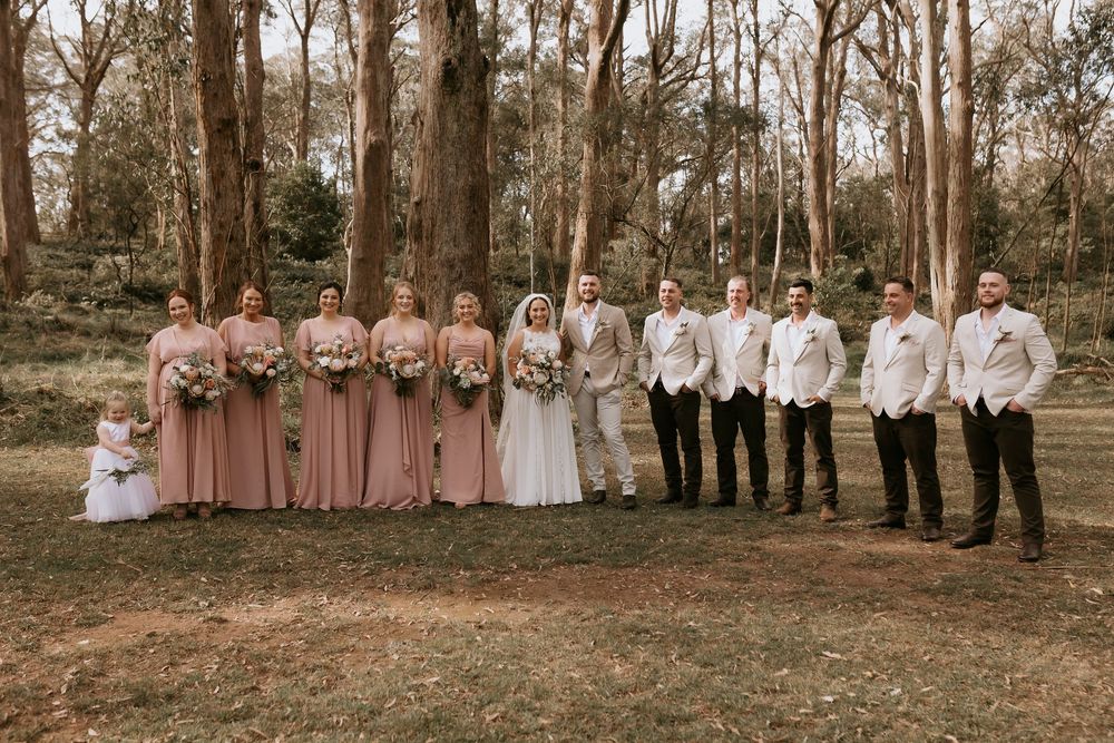 Wedding party poses outdoors in formal attire with bridesmaids in mauve dresses and groomsmen in dark suits.