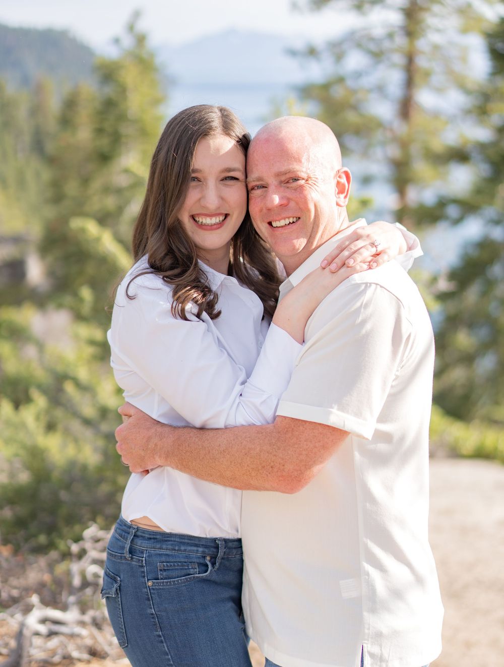 A couple shares tender moments outdoors in a series of casual portraits against a natural backdrop.