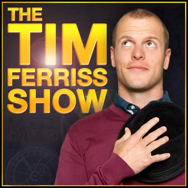 A podcast show logo features bold yellow text on a black background with a burgundy-clad host in a contemplative pose.