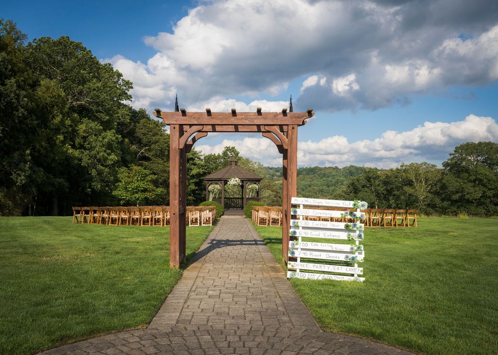 Panoramic view of a wedding ceremony setup with wooden arbor and white chairs on a green lawn under blue sky.