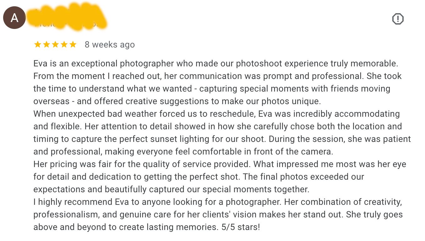 Google review of a sydney professional Photographer