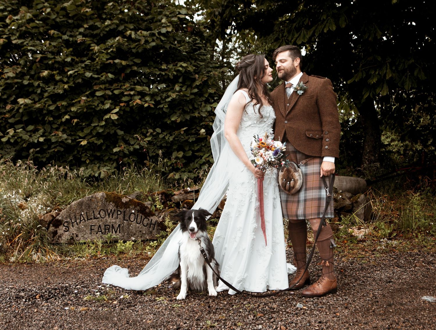 A bride and groom in traditional Scottish wedding attire pose outdoors with their Border Collie dog on their wedding day.
