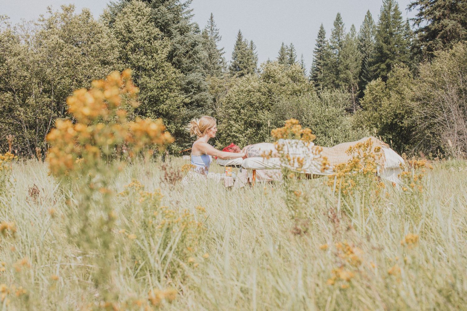 A picnic blanket spread out in a wildflower meadow with tall grass and evergreen trees in the background.