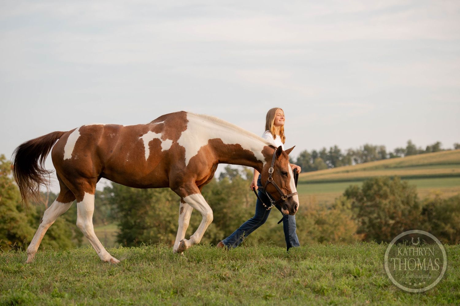 Person walking alongside brown and white paint horse in green rolling pasture.