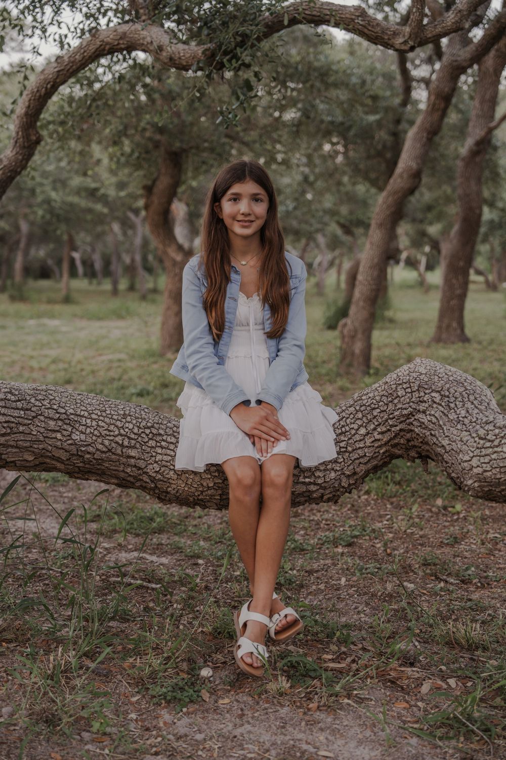 Someone in a light dress sits on a fallen tree branch in a wooded outdoor setting at dusk.