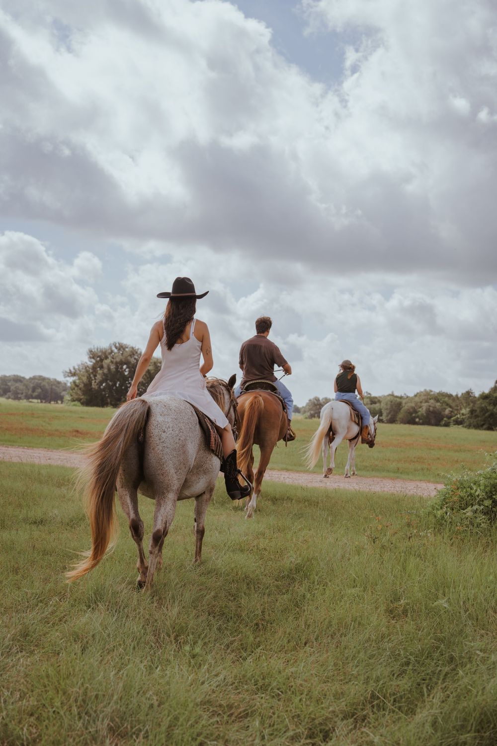 Three riders on horseback exploring a grassy trail under cloudy skies.