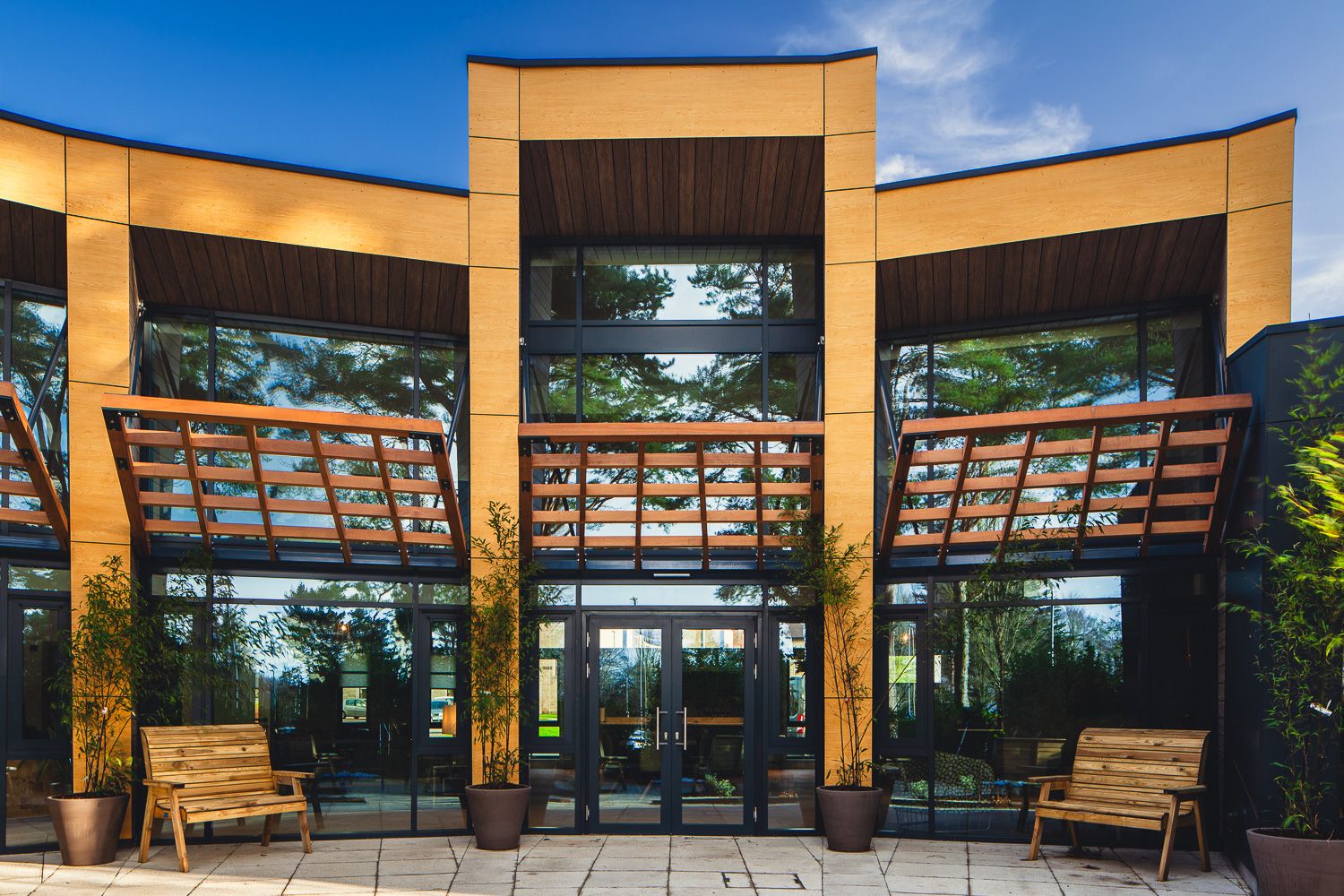 Architectural photograph of Manin Cancer Care Centre garden facing exterior on the Isle of Man