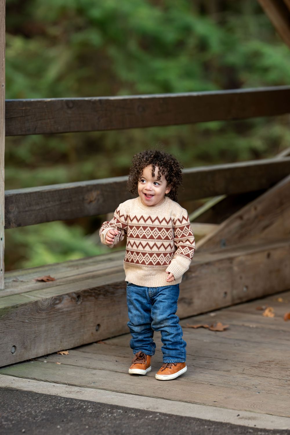 A curly-haired toddler boy in a patterned sweater and jeans stands on a wooden bridge smiling.
