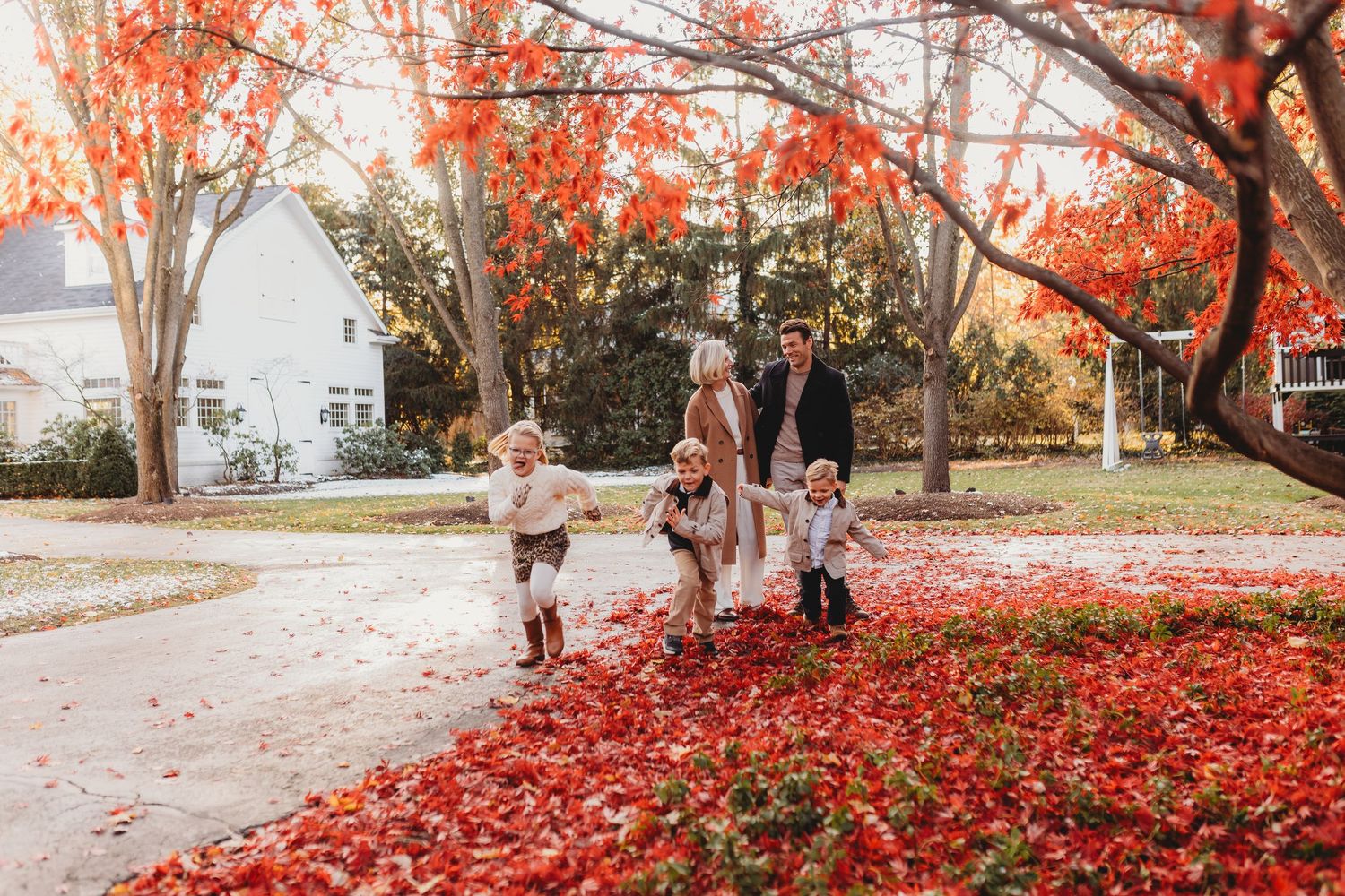 Beautiful fall scene with red maple leaves scattered on the ground beneath trees in a residential yard.