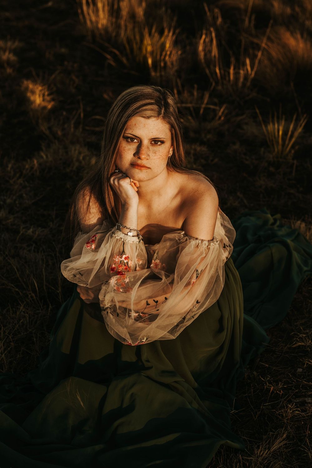 A series of moody portraits in a field at golden hour featuring ethereal sheer fabric and dramatic lighting.