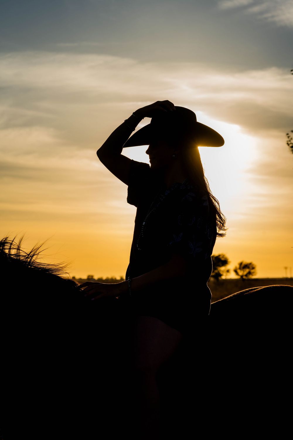 Silhouette of a cowgirl adjusting her hat on horseback against a golden sunset sky.