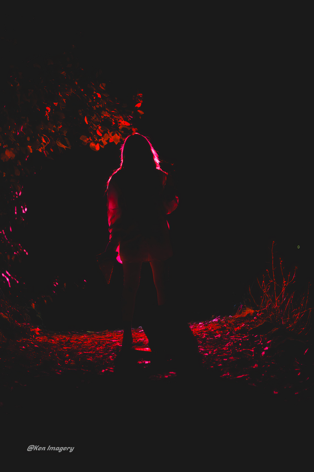 Dark silhouettes against a dramatic red and black background create a moody artistic series of photographs.