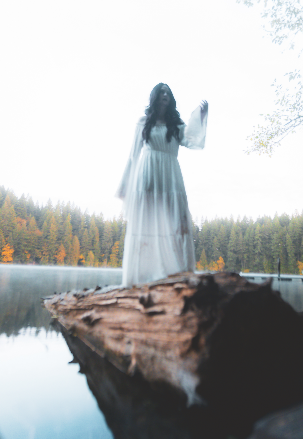 Ghostly figure in white dress stands on rocky shore beside misty lake with autumn forest in background.