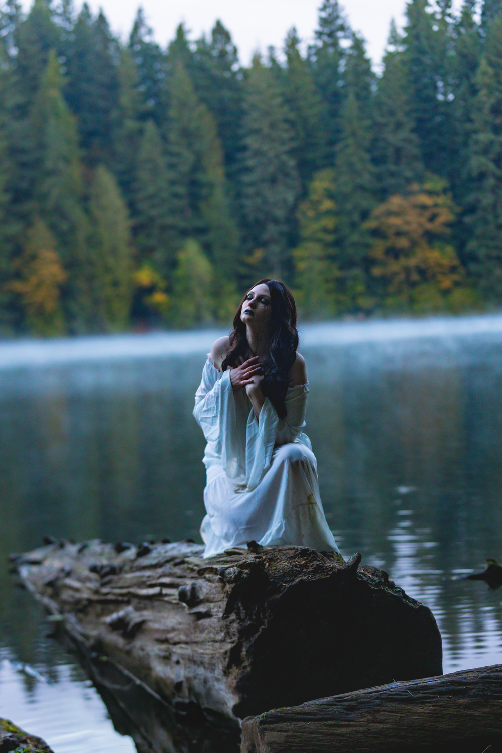 A person sits peacefully on a fallen log by a misty lake surrounded by evergreen trees in autumn.