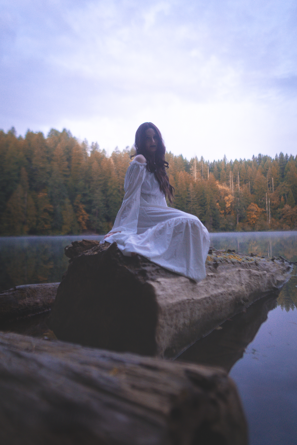 A ghostly figure in white fabric sits on a fallen log by a serene lake surrounded by autumn forest at dusk.