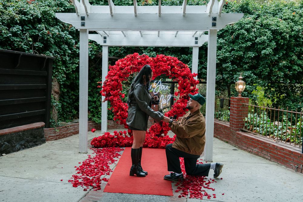 Garden pathway with white pergola decorated in stunning red floral displays.