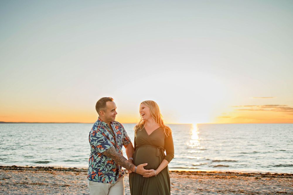 Romantic couple shares tender moments on a beach at sunset in a series of connected photographs.